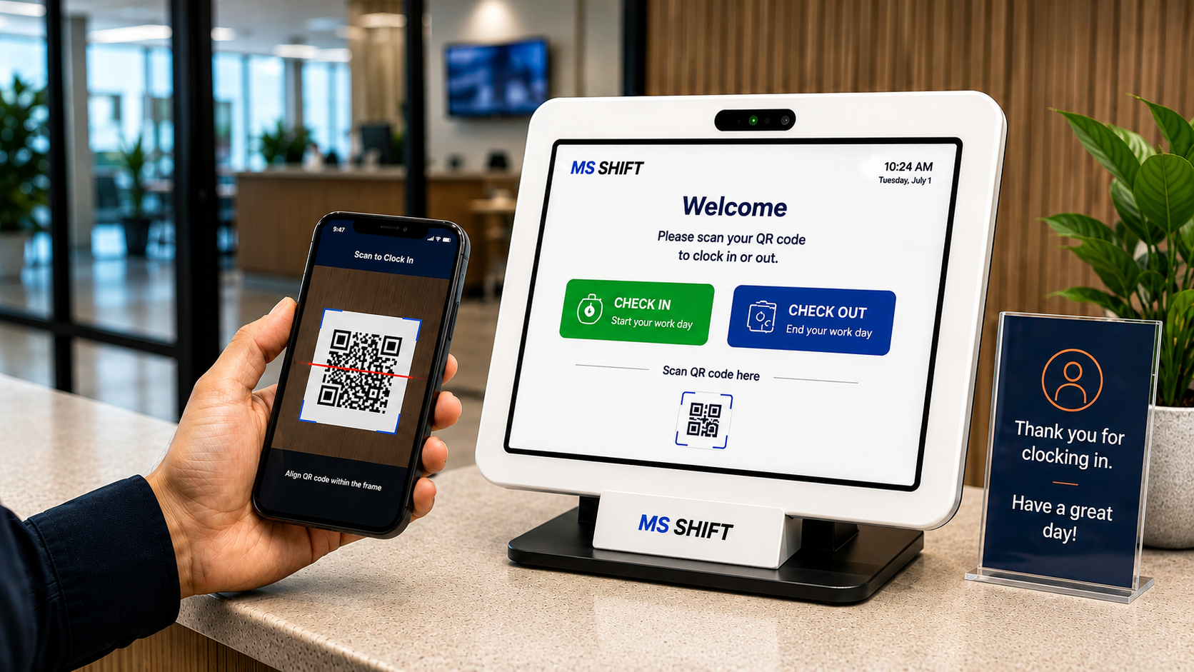 Employee scanning a QR code on a phone to clock in at an MS SHIFT kiosk