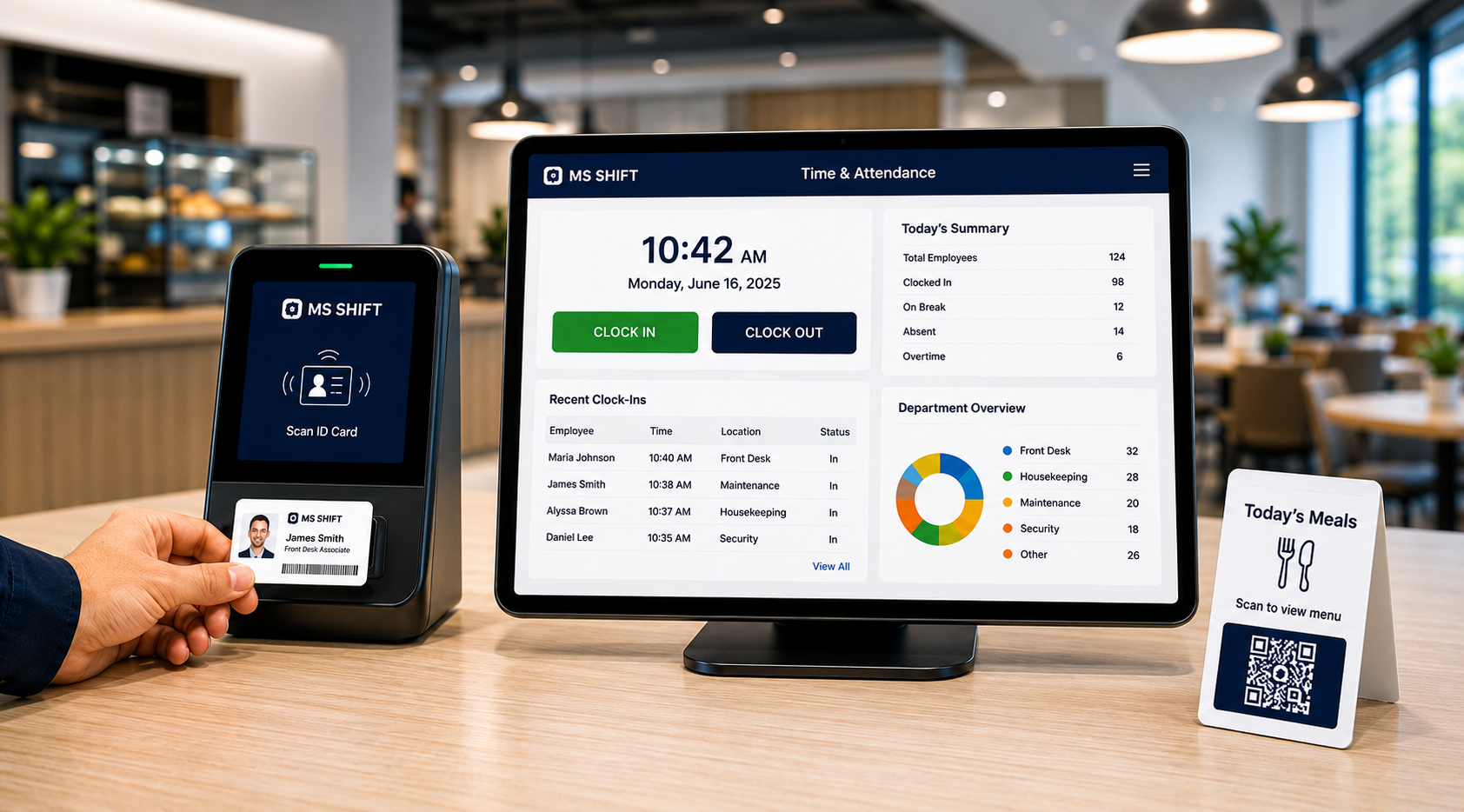 Time and attendance dashboard on a tablet beside an ID card scanner for clocking in and out