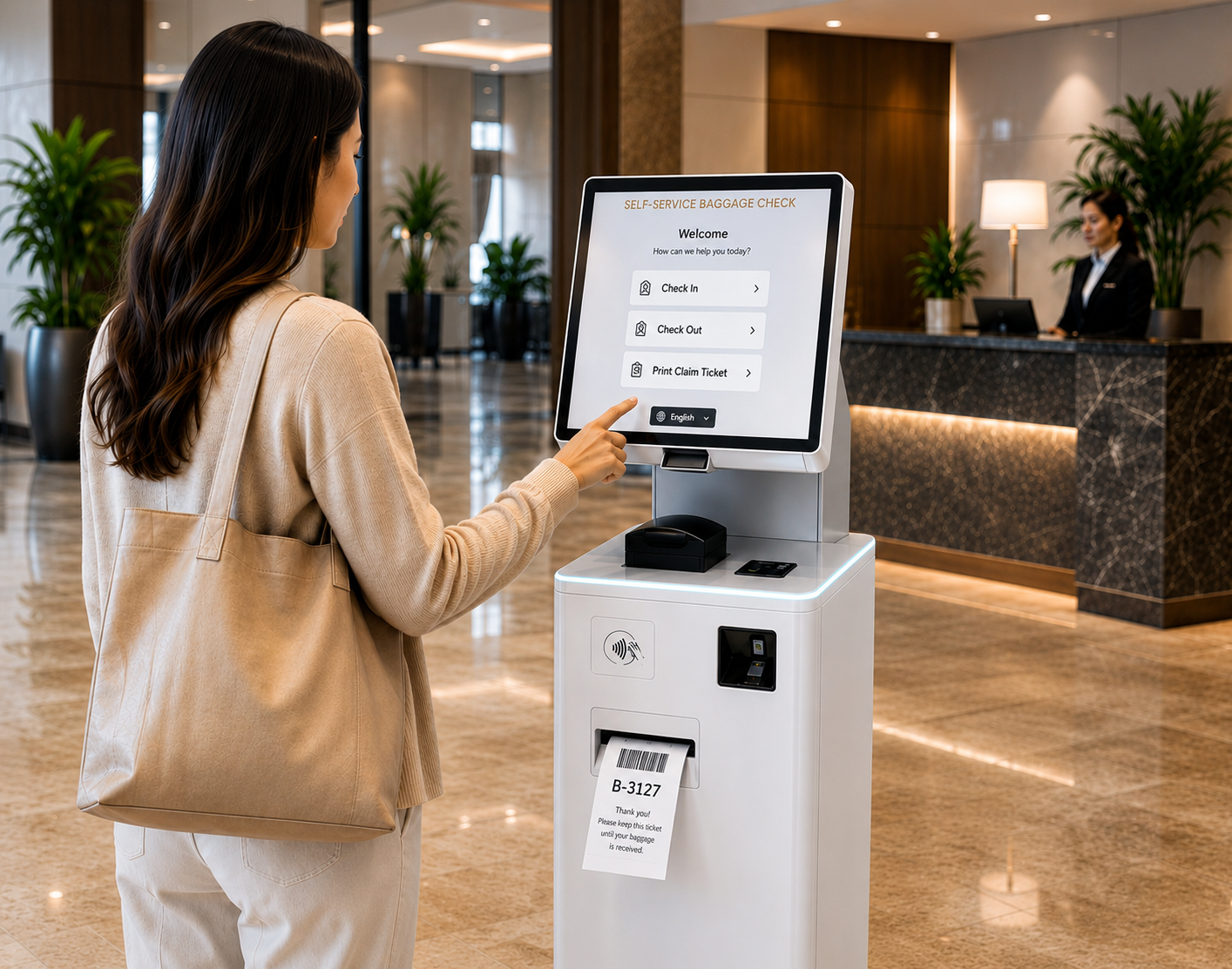 Guest using the MS SHIFT self-service Bell Kiosk to print a luggage claim ticket