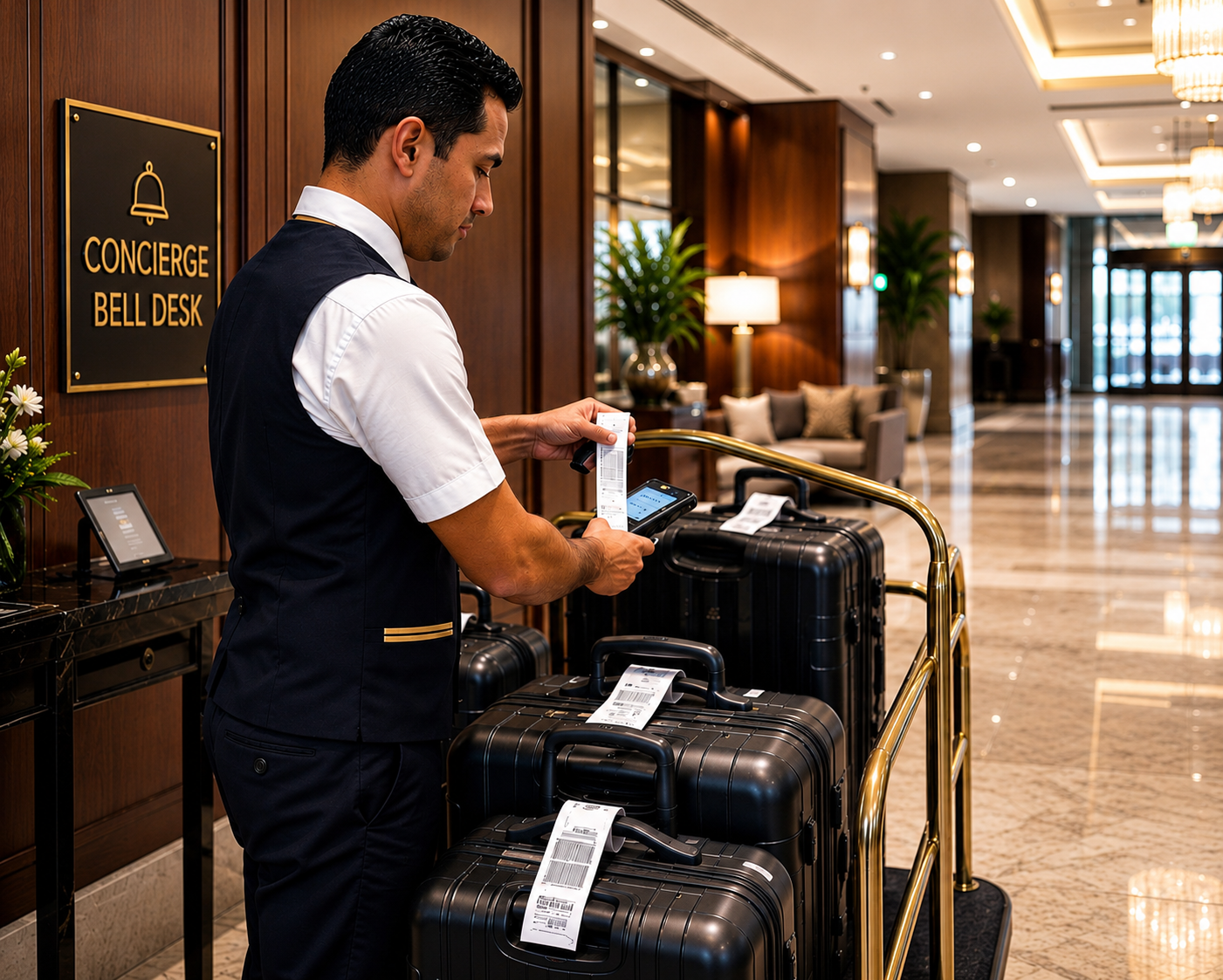 Bell attendant scanning a barcoded luggage tag with the MS SHIFT Bell mobile app