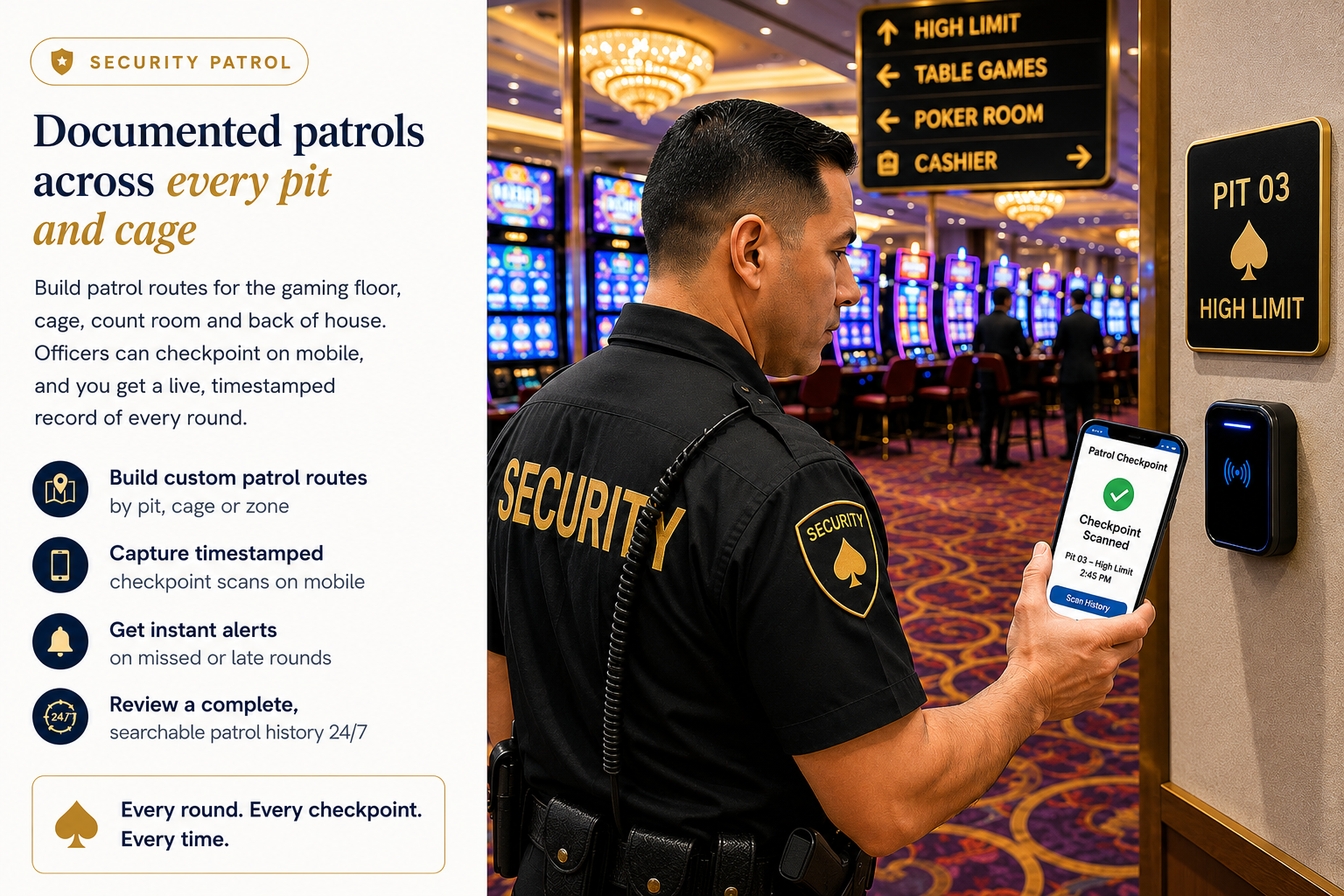 Casino security officer scanning a patrol checkpoint