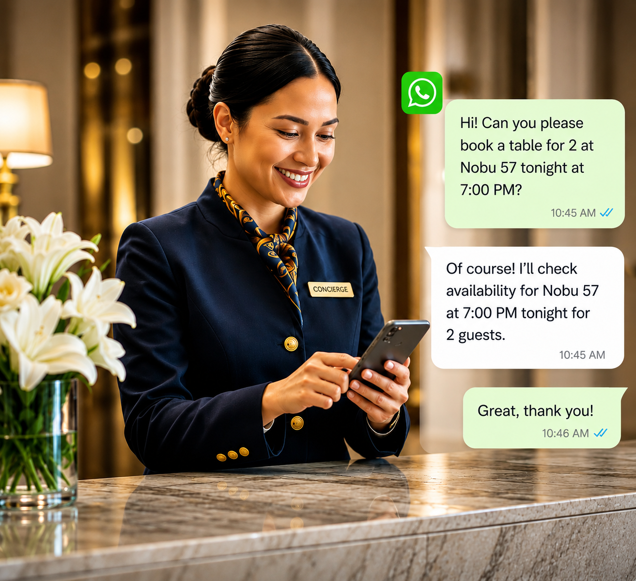 Concierge messaging a guest from a smartphone at the desk