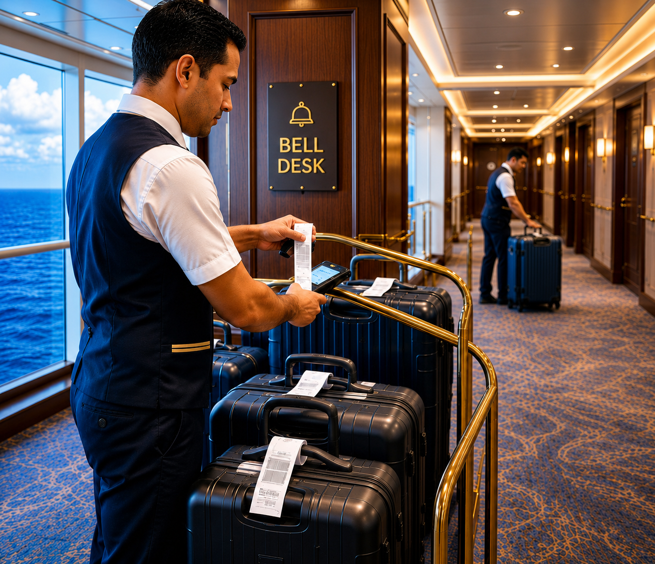 A bell desk attendant scanning luggage tags on a cart aboard ship
