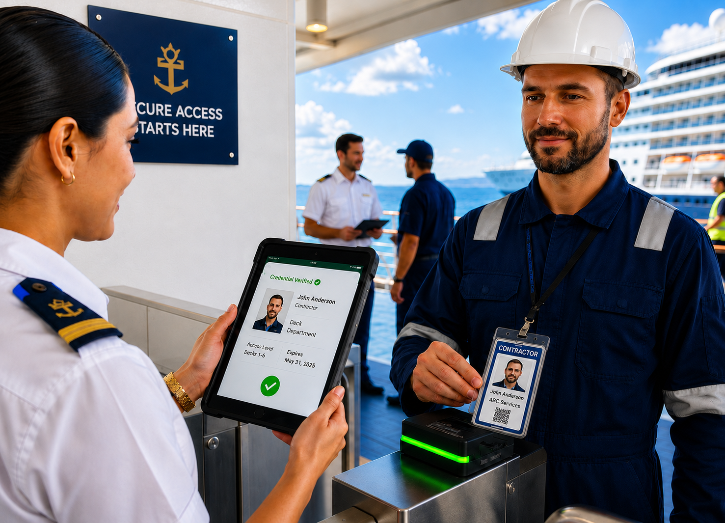 An officer verifying a contractor's photo ID credential on a tablet at a ship access gate