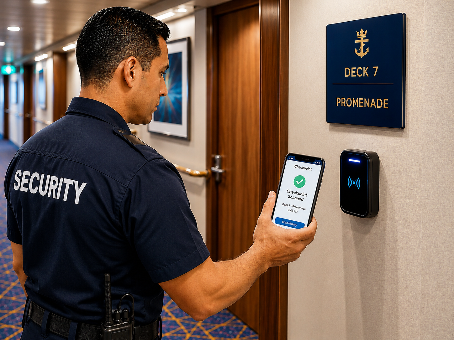 A security patrol officer scanning a deck checkpoint with a phone, confirming the round