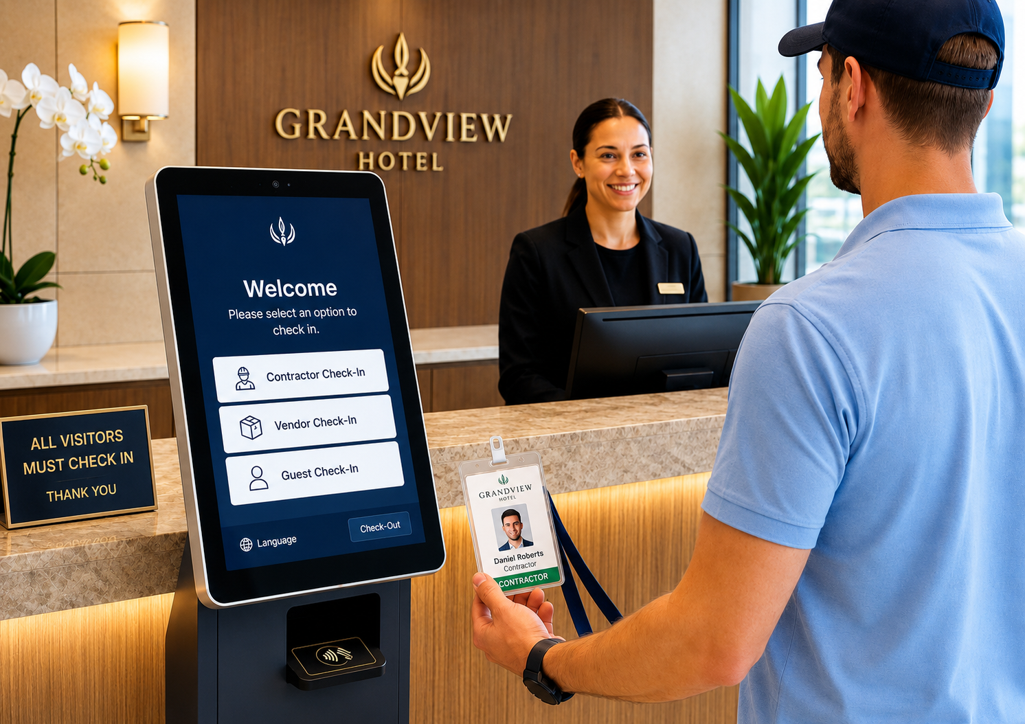 Self-service visitor kiosk at a hotel