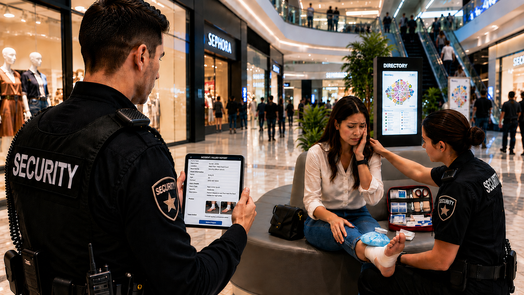 Security officer filing an injury incident report on a tablet while a colleague gives first aid to an injured shopper