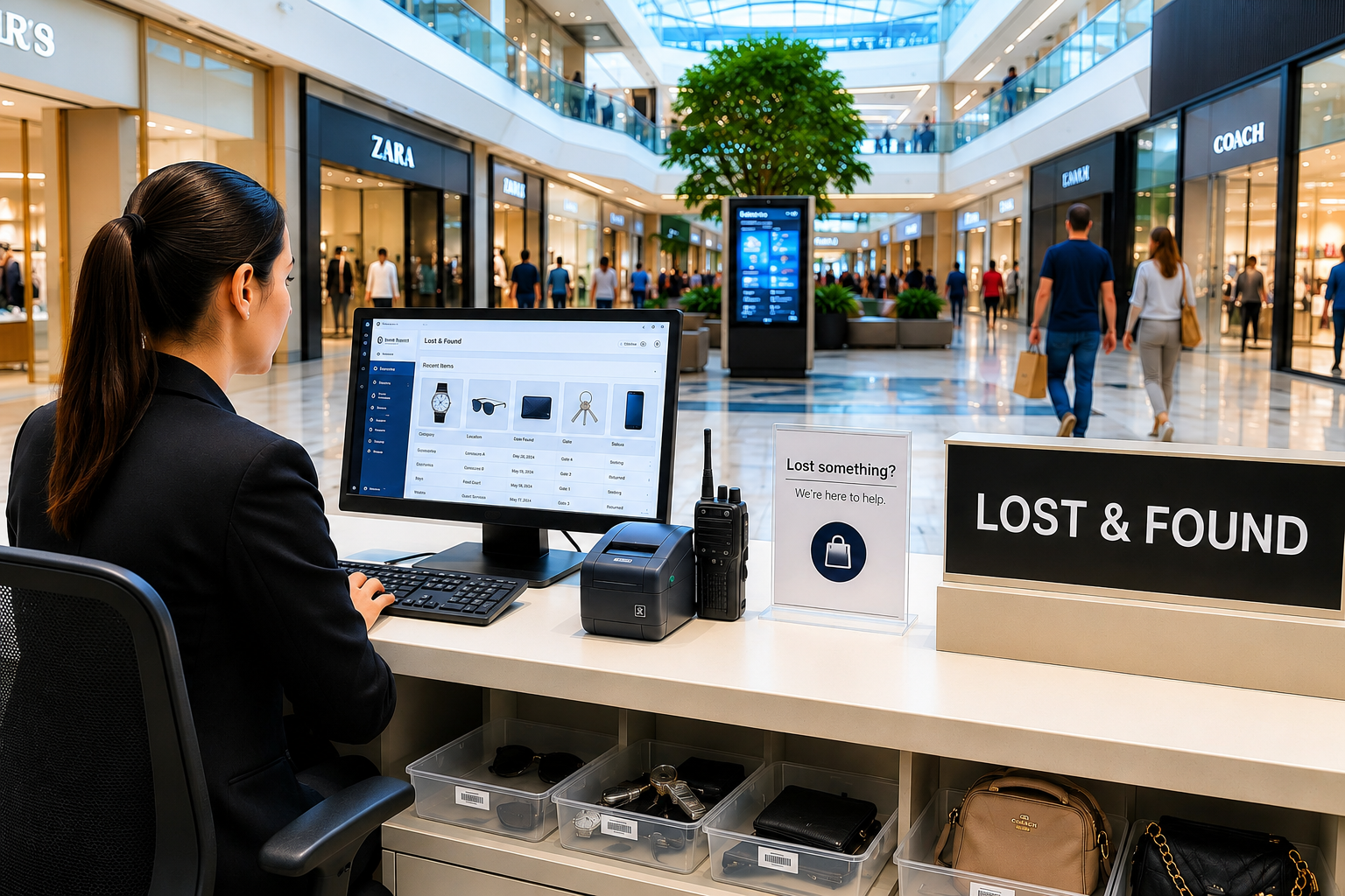 Attendant logging items at a mall lost and found desk
