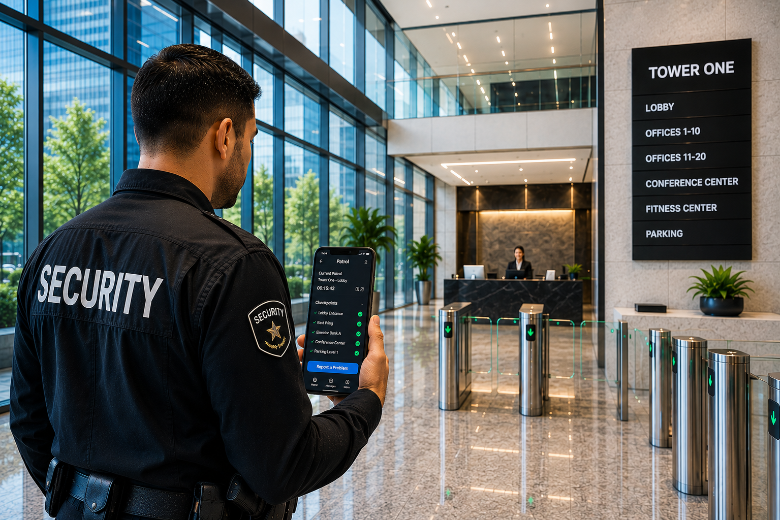 Security officer on patrol in an office tower lobby checking a phone