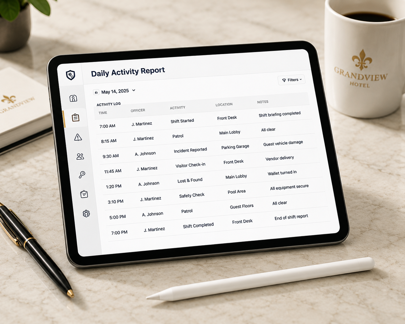 Daily Activity Report shift log on a tablet at the front desk