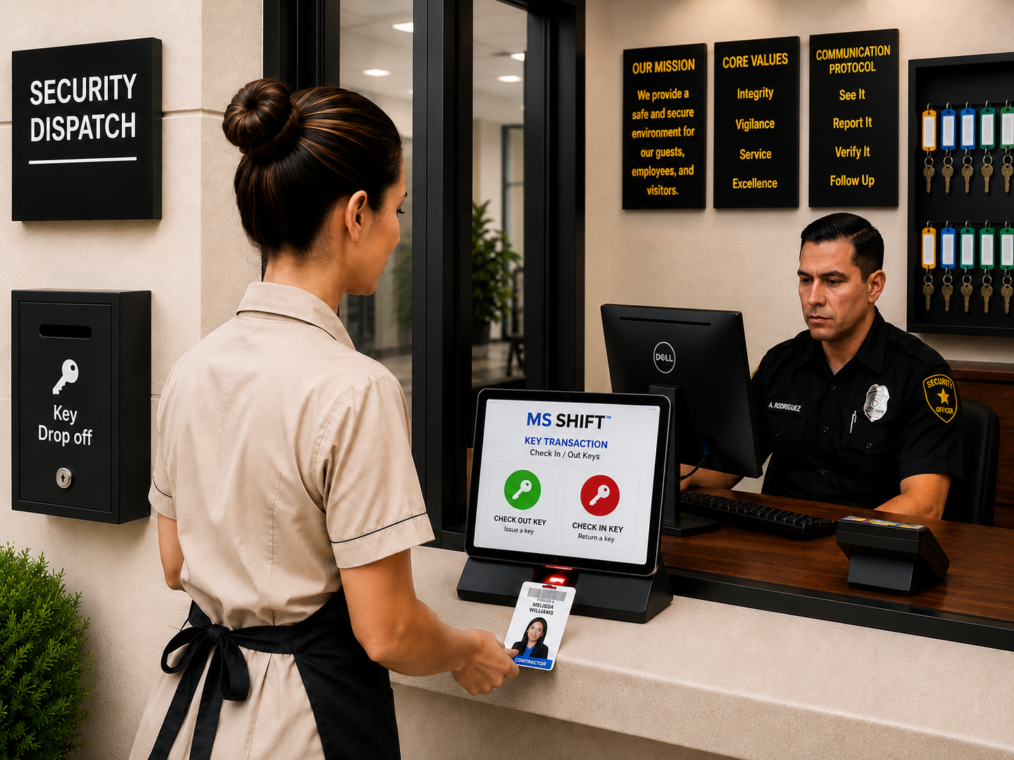 Key checkout confirmed on a tablet with a barcode scanner at the front desk