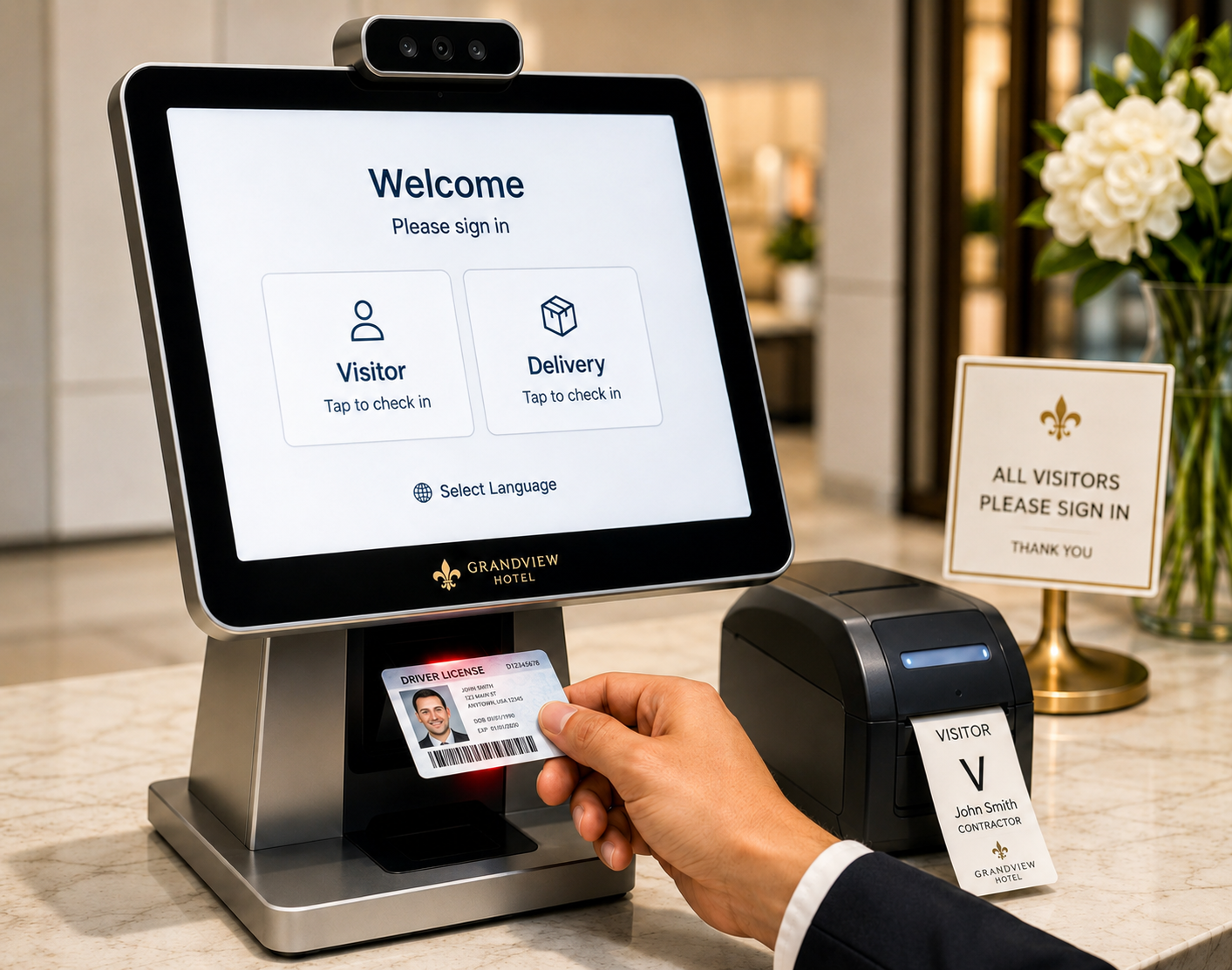 Self-service visitor kiosk scanning a photo ID and printing a badge