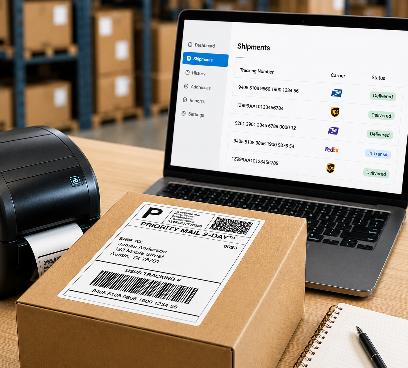 MS SHIFT shipments dashboard on a laptop beside a label printer and a printed shipping label