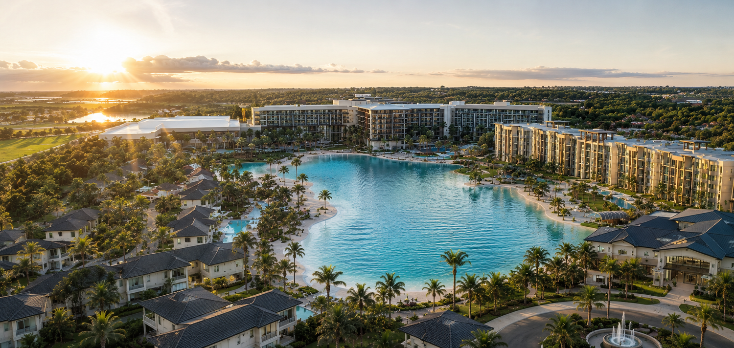 Evermore Resort Orlando at sunset overlooking the lagoon