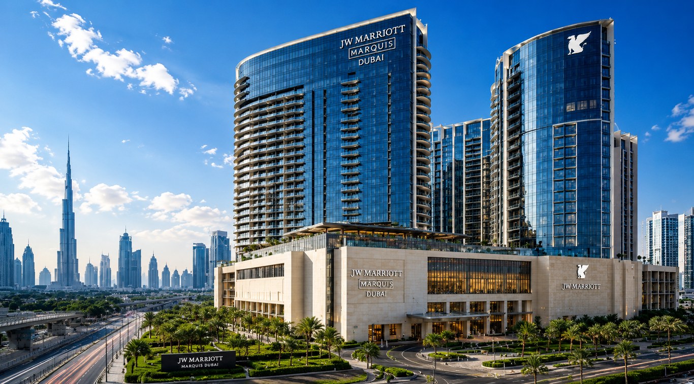 JW Marriott Marquis Hotel Dubai, with the Dubai skyline and Burj Khalifa in the distance
