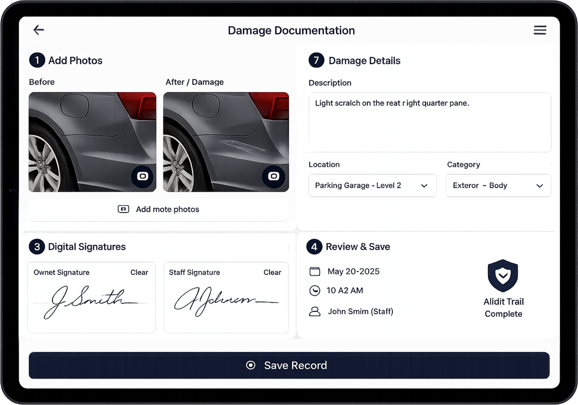 Tablet showing a valet damage documentation record with before and after photos and signatures