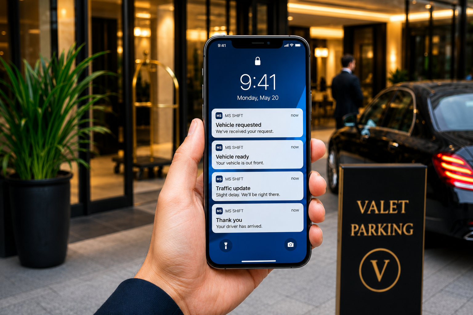 Phone showing MS SHIFT valet notifications for vehicle requested and ready