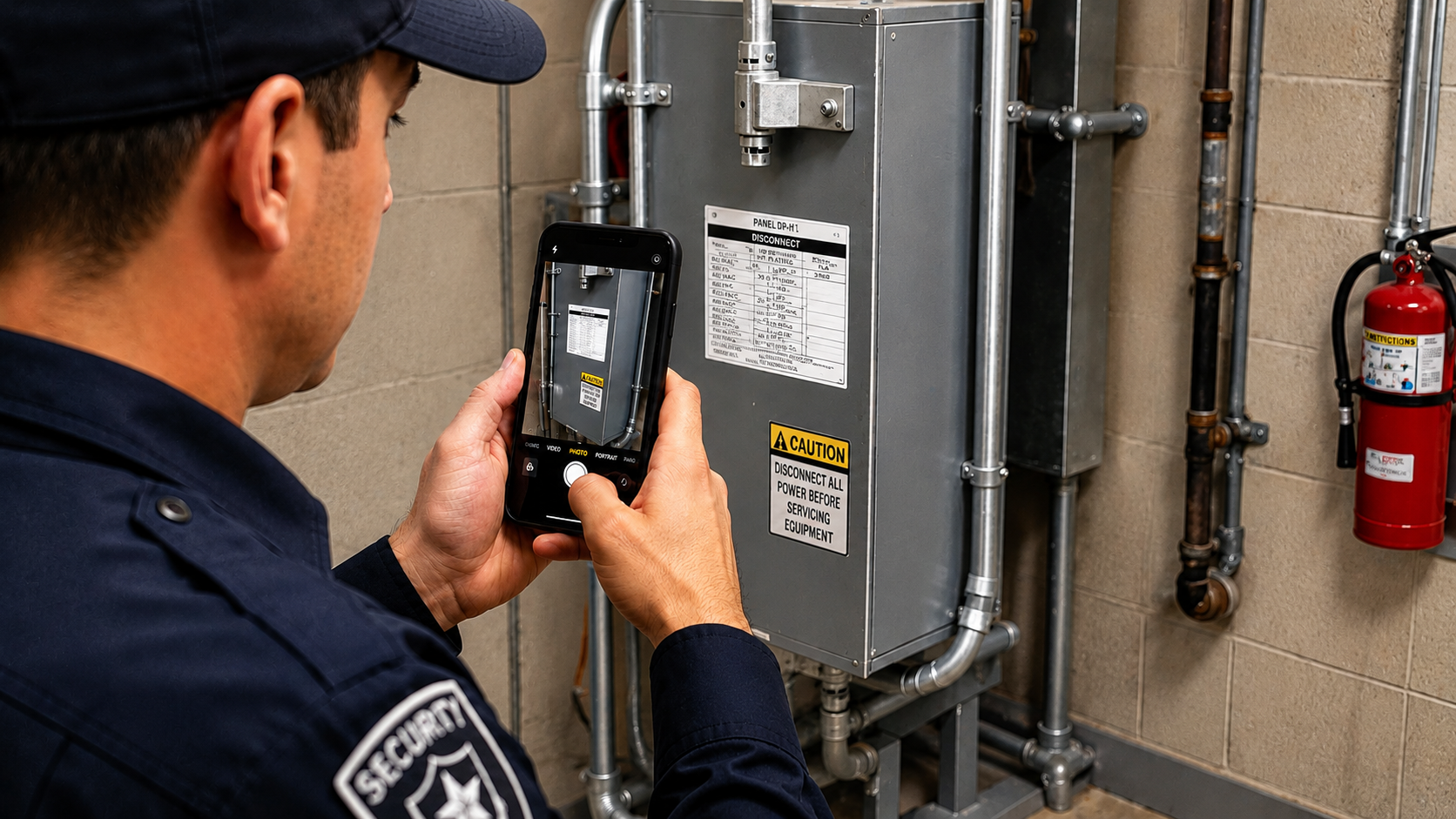 Officer photographing equipment with a phone to attach evidence to an inspection checklist